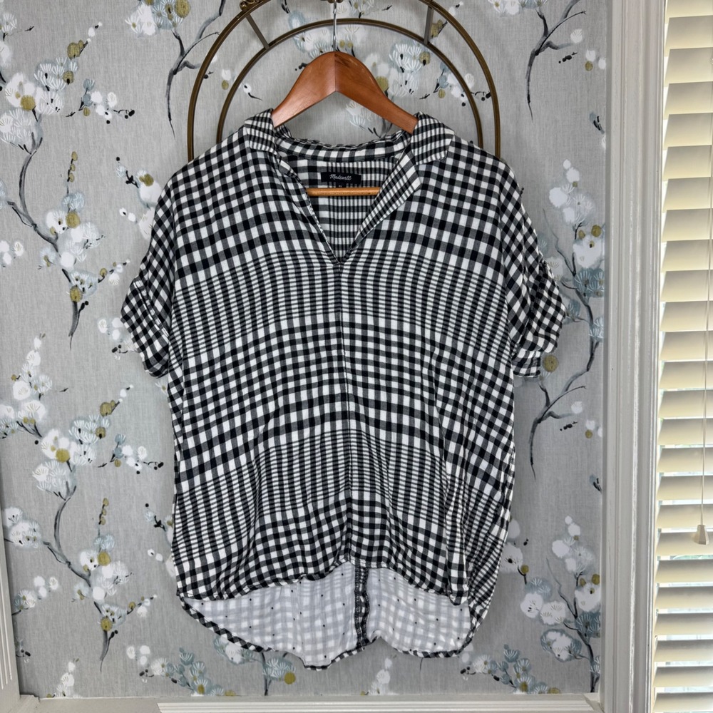 Madewell Central Shirt XS Black White Gingham Cotton Short Sleeve V-Neck Top